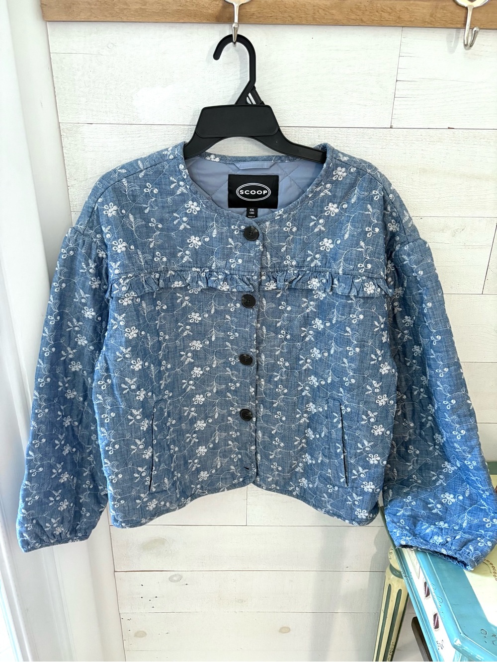 Scoop Women's Cotton Eyelet Jacket with Puff Sleeves Medium Wash XXL